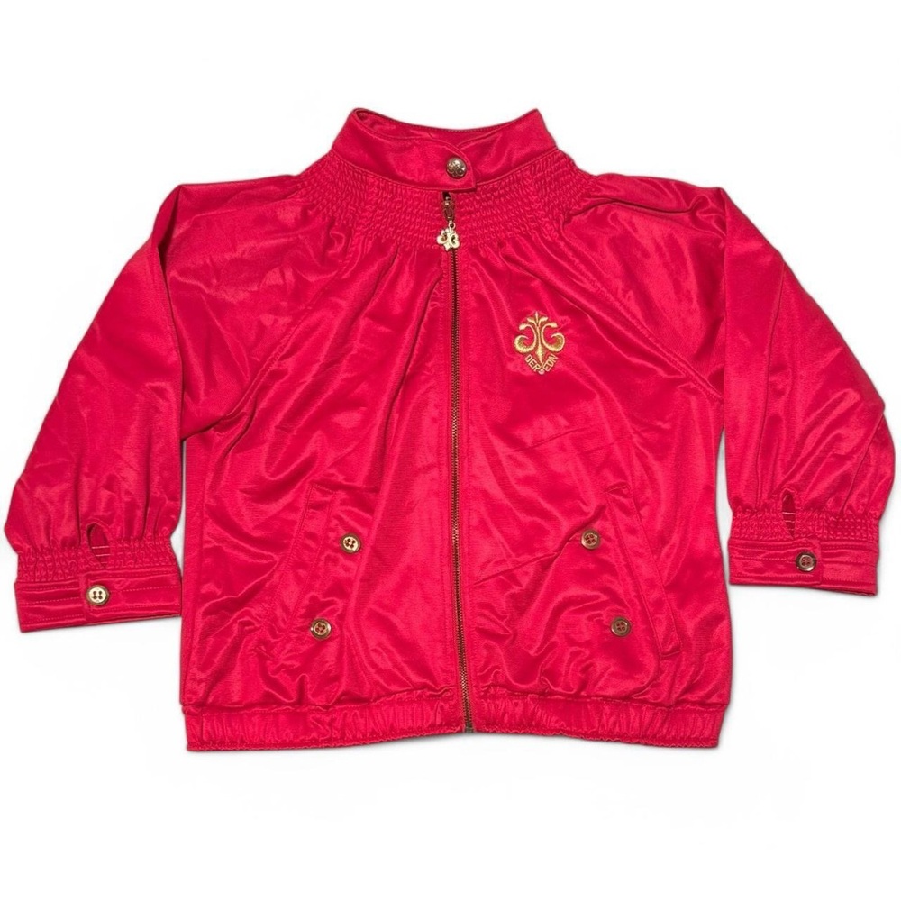 Vintage Y2K red and gold embroidered zip up hip hop style cropped bomber jacket